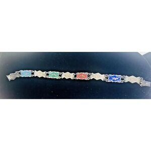 Vintage Siam Sterling Silver Niello 8 Panel Bracelet Thai Deities Gods 7‎ 1/4"